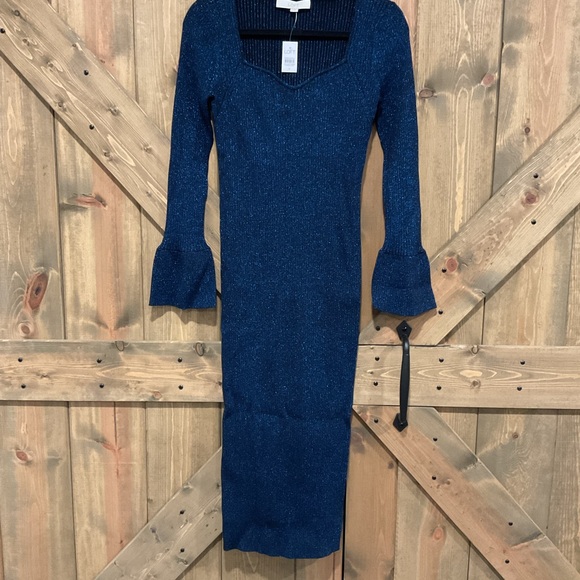 Loft Shimmer Ribbed Trumpet Sleeve Midi Sweater Dress - Picture 2 of 4